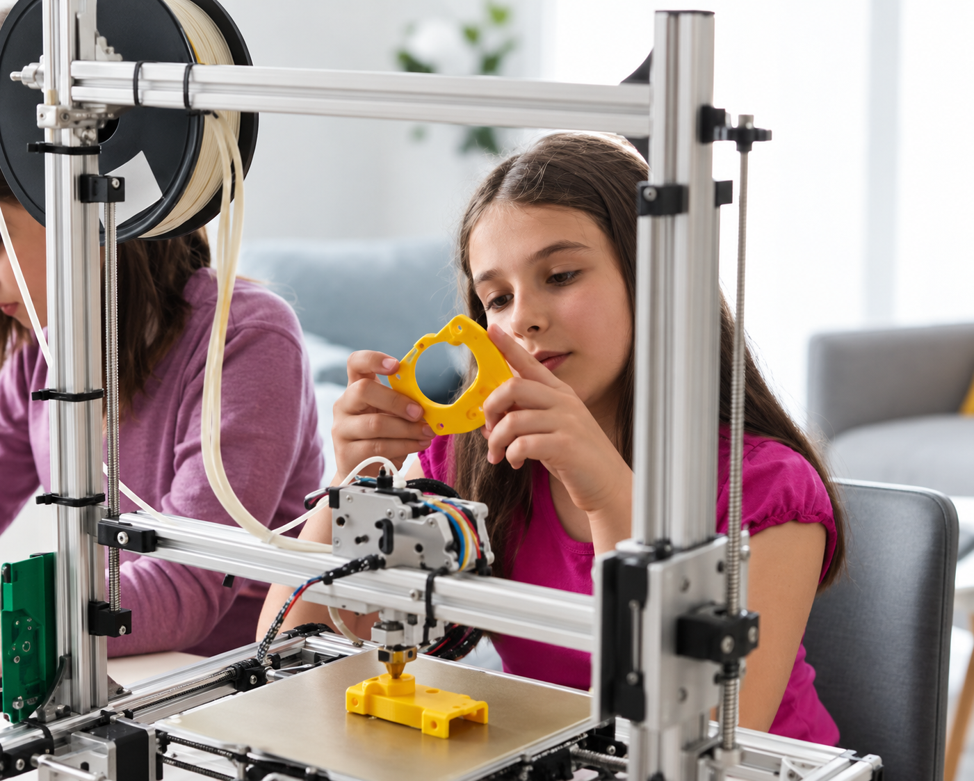 Estudiantes exploran una pieza impresa en 3D junto a una impresora